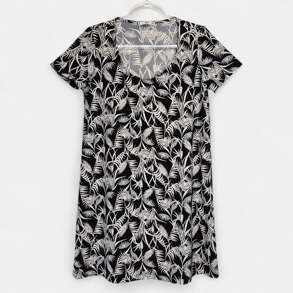 MNG Basics Womens 6 Black White Tropical Palm Leaf Scoop Neck Shift Dress